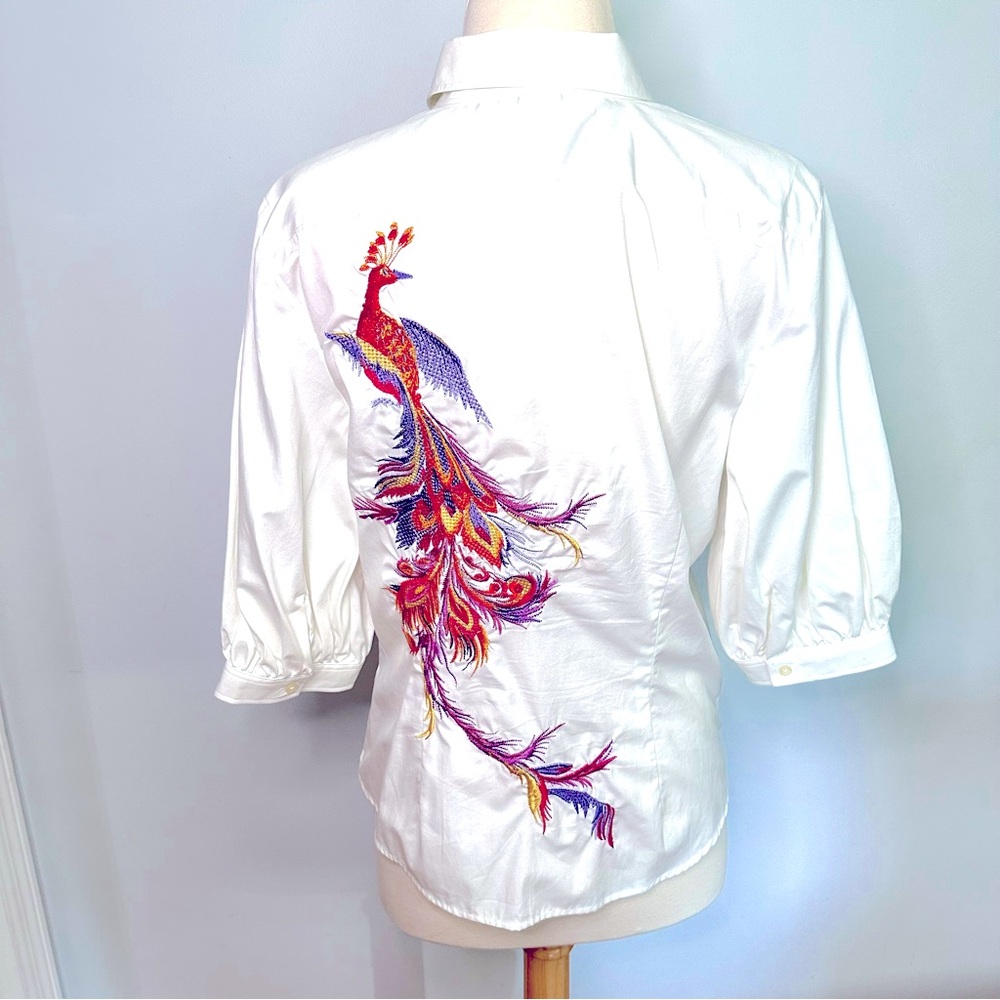 Ralph Lauren Vintage Embroidered White Puff Sleeve Peacock Blouse size M